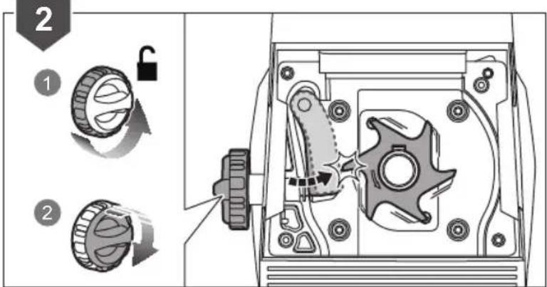 Diagram illustrating mechanical assembly steps with labeled parts and directional arrows indicating rotation or locking operations.
