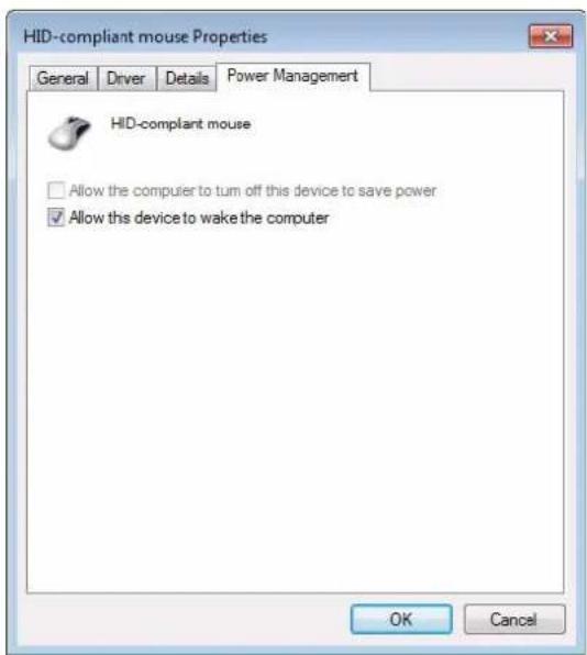 HID-compliant mouse Properties General Driver Details Power Management HID-compliant mouse Allow the computer to turn off this device to save power Allow this device to wake the computer OK Cancel