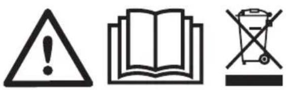 Three black-and-white icons representing warning symbols: triangular warning triangle, open book, and no-drawn waste bin with cross symbol.