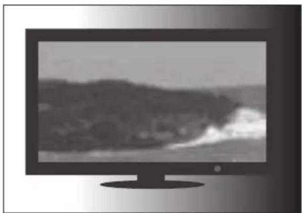 Black-and-white photo of a flat-screen monitor displaying a coastal landscape with waves and hills (no text or symbols visible)