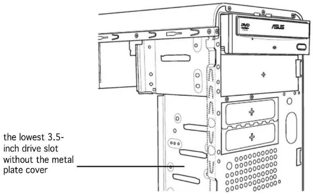 The lowest 3.5-inch drive slot without the metal plate cover