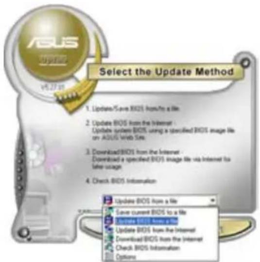Select the Update Method. 1. Update/Save BIOS from file to a file. 2. Update BIOS from the Internet - Update system BIOS using a specified BIOS image file on ASUS Web Site. 3. Download BIOS from the Internet - Download a specified BIOS image file via Internet to later usage. 4. Check BIOS Informatio…