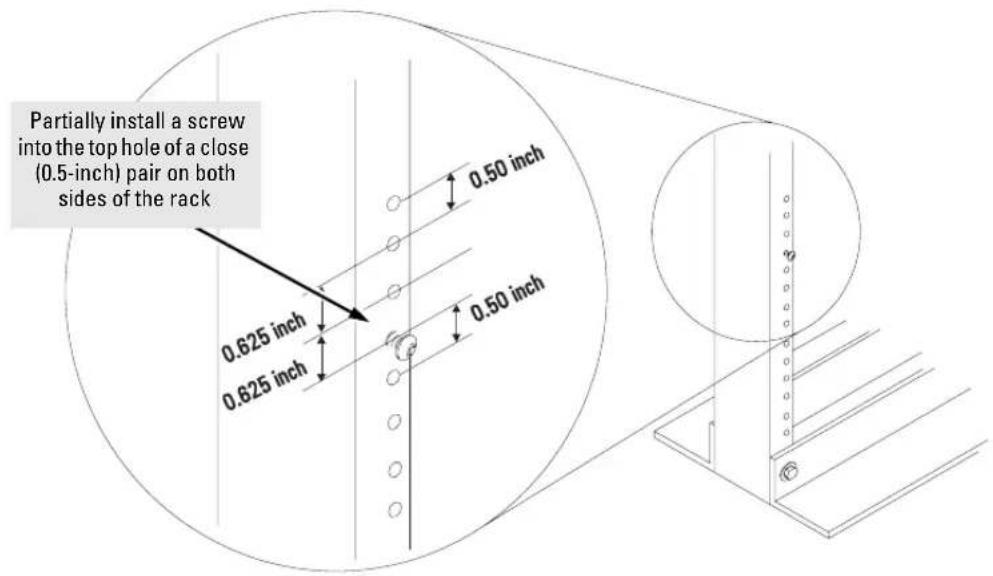 Partially install a screw into the top hole of a close (0.5-inch) pair on both sides of the rack 0.625 inch 0.625 inch 0.50 inch 0.50 inch