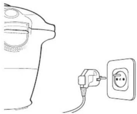 Line drawing of a plug and socket connected to a wall socket (no text or symbols)