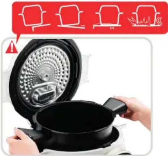 Illustration showing cooking process with frying pan and warning icons for hot pot heating.