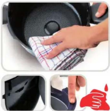 Close-up of hands cleaning a kitchen pan with a cloth, showing texture and cleaning steps (no text or symbols visible)