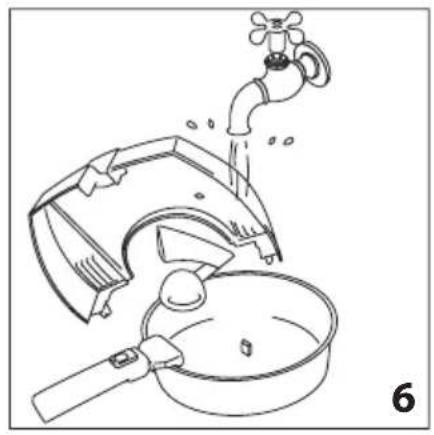 Line drawing of a faucet pouring liquid into a pan.