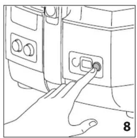Line drawing of a hand pressing a button on a device panel.