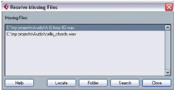 Resolve Missing Files Missing Files: C:\my projects\Audio\A G loop 02.wav C:\my projects\Audio\cello_chords.wav Help Locate Folder Search Close