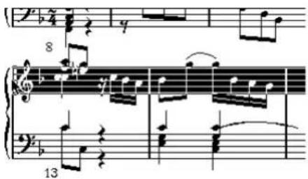 Musical score snippet with treble and bass clefs, showing notes, rests, and articulation marks