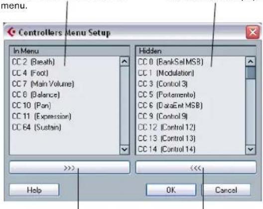 Menu. Controllers Menu Setup In Menu CC 2 (Breath) CC 4 (Foot) CC 7 (Main Volume) CC 8 (Balance) CC 10 (Pan) CC 11 (Expression) CC 64 (Sustain) Hidden CC 0 (Bank Select MSB) CC 1 (Modulation) CC 3 (Control 3) CC 5 (Portamento) CC 6 (Data Entry MSB) CC 9 (Control 9) CC 12 (Control 12) CC 13 (Control…