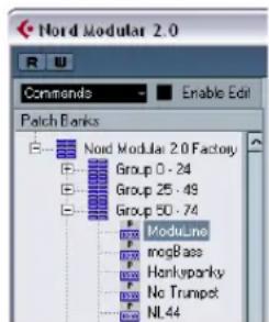 Nord Modular 2.0 Commands Enable Edit Patch Banks Nord Modular 2.0 Factory Group 0 - 24 Group 25 - 49 Group 50 - 74 ModuLine mcgBase Honkyparky No Trumpet NL44