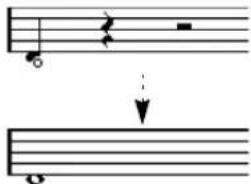 Musical notation showing a treble clef with a note and a downward arrow indicating motion or direction.