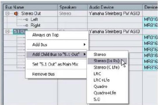 Bus Name: Stereo Out. Speaker: Stereo. Audio Device: Yamaha Steinberg FW ASIO. Device: Left, Right. 5.10. Always on Top. Add Bus. Add Child Bus to "5.1 Out". Set "5.1 Out" as Main Mix. Remove Bus. Stereo, Stereo (Lc Rs), Stereo (C Lfe), LRC, LRC+Life, Quadro, Quadro+Life, 5.0.
