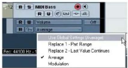 MIDI Bass, Volume, Off, Average, Rec: 44100 Hz - 1, Use Global Settings (Average), Replace 1 - Pair Range, Replace 2 - Last Value Continues, ✓ Average, Modulation.