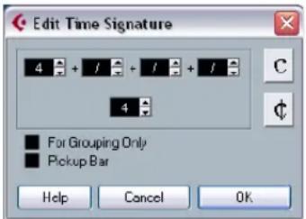 Edit Time Signature 4 + / + / + / 4 For Grouping Only Pickup Bar Help Cancel OK