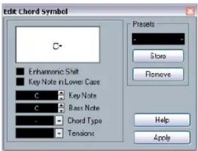 Edit Chord Symbol C- ■ Erharmonic Shift ■ Key Note in Lower Case C Key Note C Bass Note - Chord Type Tensions Presets Store Remove Help Apply