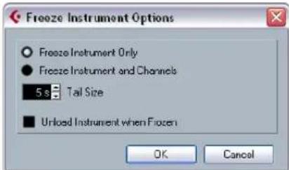 Freeze Instrument Options: Freeze Instrument Only, Freeze Instrument and Channels, 5 s Tail Size, Unload Instrument when Frozen, OK, Cancel