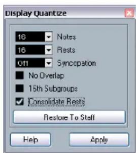 Display Quantize 16 Notes 16 Rests Off Syncopation No Overlap 15th Subgroups Consolidate Rests Restore To Staff Help Apply
