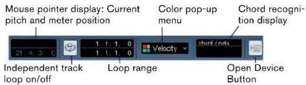 Mouse pointer display: Current pitch and meter position Color pop-up menu Chord recogni- tion display 21.4.3.0 1.1.1.0 1.1.1.0 Velocity chord / note Independent track loop on/off Loop range Open Device Button