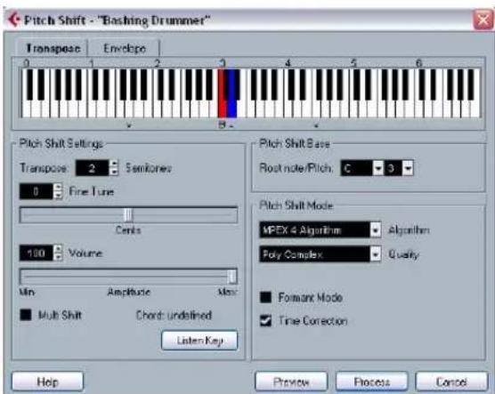 Pitch Shift - "Bashing Drummer" Transpose Envelope 0 1 2 3 4 5 6 Pitch Shift Settings Transpose 2 Semikones 0 Fine Tone Cents 100 Volume Min Amplitude Miss: ■ Multi Shift Chord: undefined Listen Key Pitch Shift Base Root note/Pitch: C 3 Pitch Shift Mode MPEX 4 Algorithm Algorithm Poly Complex Qualit…