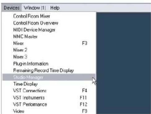 Devices | Window [1] | Help Control Room Mixer Control Room Overview MIDI Device Manager MMC Master Mixer F3 Mixer 2 Mixer 3 Plugin Information Remaining Record Time Display Studio Manager Time Display VST Connections F4 VST Instruments F11 VST Performance F12 Video F8