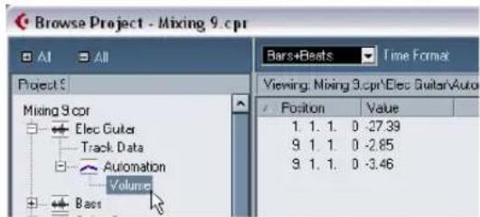 Browse Project - Mixing 9.cpr, Project 5, Barts+Beats, Time Format, Viewing: Mixing 3.cpr\Elec Guitar\Auto, Position Value, 1. 1. 1. 0 -27.39, 9. 1. 1. 0 -2.85, 9. 1. 1. 0 -3.46, Mixing 9.cpr, Elec Guter, Track Data, Automation, Volume, Bass.
