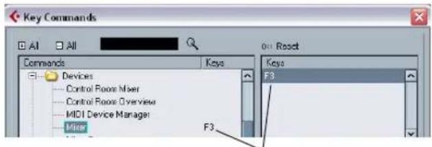 Key Commands All All Commands Devices Control Room User Control Room Overview MIDI Device Manager Mixer 0:1 Reset Keys F3 F3