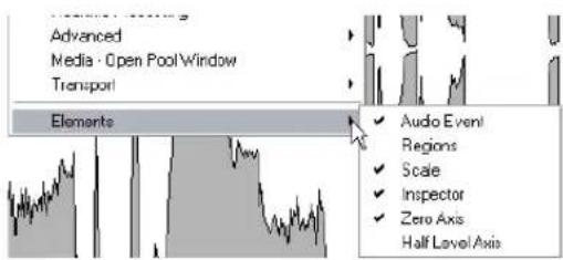 Advanced Media · Open Pool Window Transport Elements Audio Event Regions Scale Inspector Zero Axis Half Level Axis