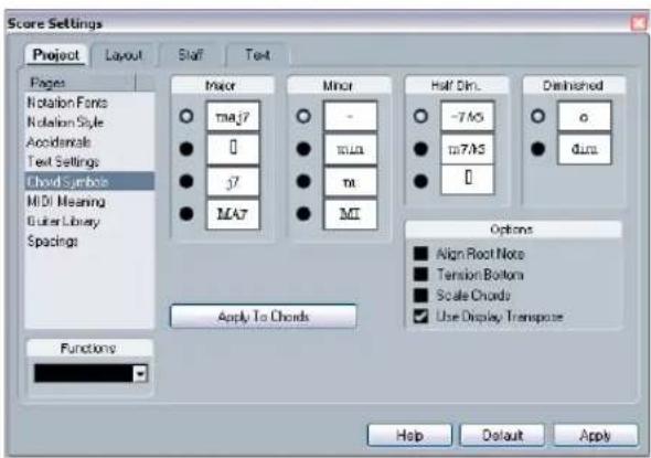 Score Settings Project Layout Staff Text Pages Notation Fonts Notation Style Accidematic Text Settings Choud Symbols MIDI Meaning Outer Library Spacings Major Minor Half Dim. Disinished ○ mA j7 ○ - ○ -7A5 ○ o ● 0 ○ MA ● 0 ● j7 ● mA ● 0 ● MA7 ● MI Options ■ Align Root Note ■ Tension Bottom ■ Scale Ch…