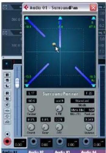 Audio 01 - SurroundPan, L17 SurroundPanner F20, 160.5 -40.9 Stand and, Mode More Mix: 839, M0 / 51 FastLax, Control LFE, 0.0% 0.0% 0.0%, Front Rear (R), Audio 01 Audio 02 Audio 03 Audio 04