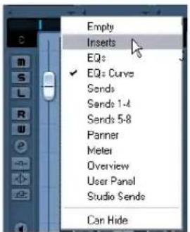 Empty, Inserts, EQs, ✓ EQs Curve, Sends, Sends 1-4, Sends 5-8, Partner, Meter, Overview, User Panel, Studio Sends, Can Hide.