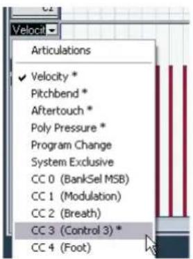Articulations ✓ Velocity * Pitchbend * Aftertouch * Poly Pressure * Program Change System Exclusive CC 0 (BankSel MSB) CC 1 (Modulation) CC 2 (Breath) CC 3 (Control 3) * CC 4 (Foot)