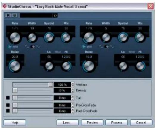 StudioChorus - "Easy Rock Make Vocal 3 sem" Rate Width Spatial Mix Rate Width Spatial Mix 1/1 10 75 50 1/8 5 76 50 Delay Lo Filter FB Delay Lo Filter FB 20.0 50 12000 10.0 50 12000 100% Wet mix 0% Dry mix 0 ms Tail 0 ms ProCrossFade 0 ms PostCrossFade Help Less Preview Process Cancel