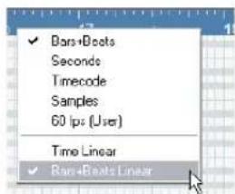 ✓ Bars+Beats Seconds Timecode Samples 60 fps (User) Time Linear ✓ Bars+Beats Linear