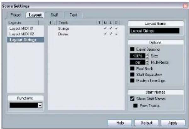 Score Settings Project Layout Staff Text Layouts Layout MIDI 01 Layout MIDI 02 Layout Strings Functions Track T N L D Strings ✓ ✓ ✓ Drums ✓ ✓ ✓ Layout Name Layout Strings Options Equal Spacing 100% Size On Multi-Posts Real Back Staff Separatory Modern Time Sign Staff Names Show Staff Names From Trac…