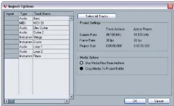 Import Options Input Type Track Name Audio Bass MIDI MIDI 01 Audio Elec Guitar Audio Guitar 2 Instrument Strings Instrument Drums Audio Loop 1 Audio Loop 2 Instrument Piano Select All Tracks Project Settings Track Archive Active Project Sample Rate 44.100 kHz 44.100 kHz Frame Rate 30 fps 30 fps Proj…