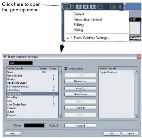 Click here to open the pop-up menu. Default Recording - minimal Editing Mixing Track Controls Settings... Track Controls Settings WD Visible Controls Length Group Name 100 Record Enable 1 Monks 1 Read/Write-Enable Edit Channel Settings 2 Edit In-Place 2 Create/Send 2 Drum Map 3 Link 3 Lane Display T…