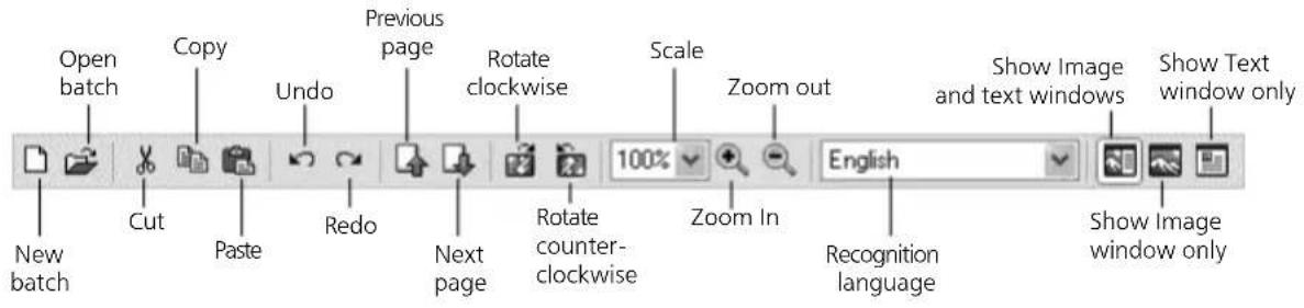 Open batch Copy Undo Previous page Rotate clockwise Scale Zoom out Show Image and text windows Show Text window only New batch Cut Paste Redo Next page Rotate counterclockwise 100% Zoom In English Recognition language Show Image window only