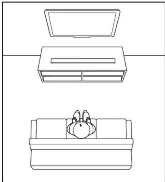 Line drawing of three furniture views: front view, top view of a TV, and side view of a sofa with a dog on the backrest (no text or symbols)