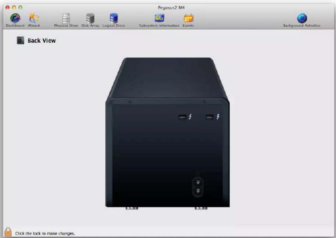 Pegasus2 M4 Dashboard Wizard Physical Drive Disk Array Logical Drive Subsystem Information Events Background Activities Back View Click the lock to make changes.