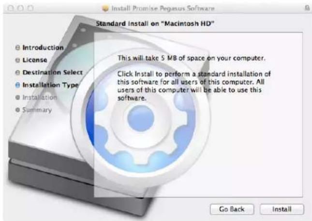 Standard Install on "Macintosh HD" Introduction License Destination Select Installation Type Installation Summary This will take 5 MB of space on your computer. Click Install to perform a standard installation of this software for all users of this computer. All users of this computer will be able to use this software. Go Back Install