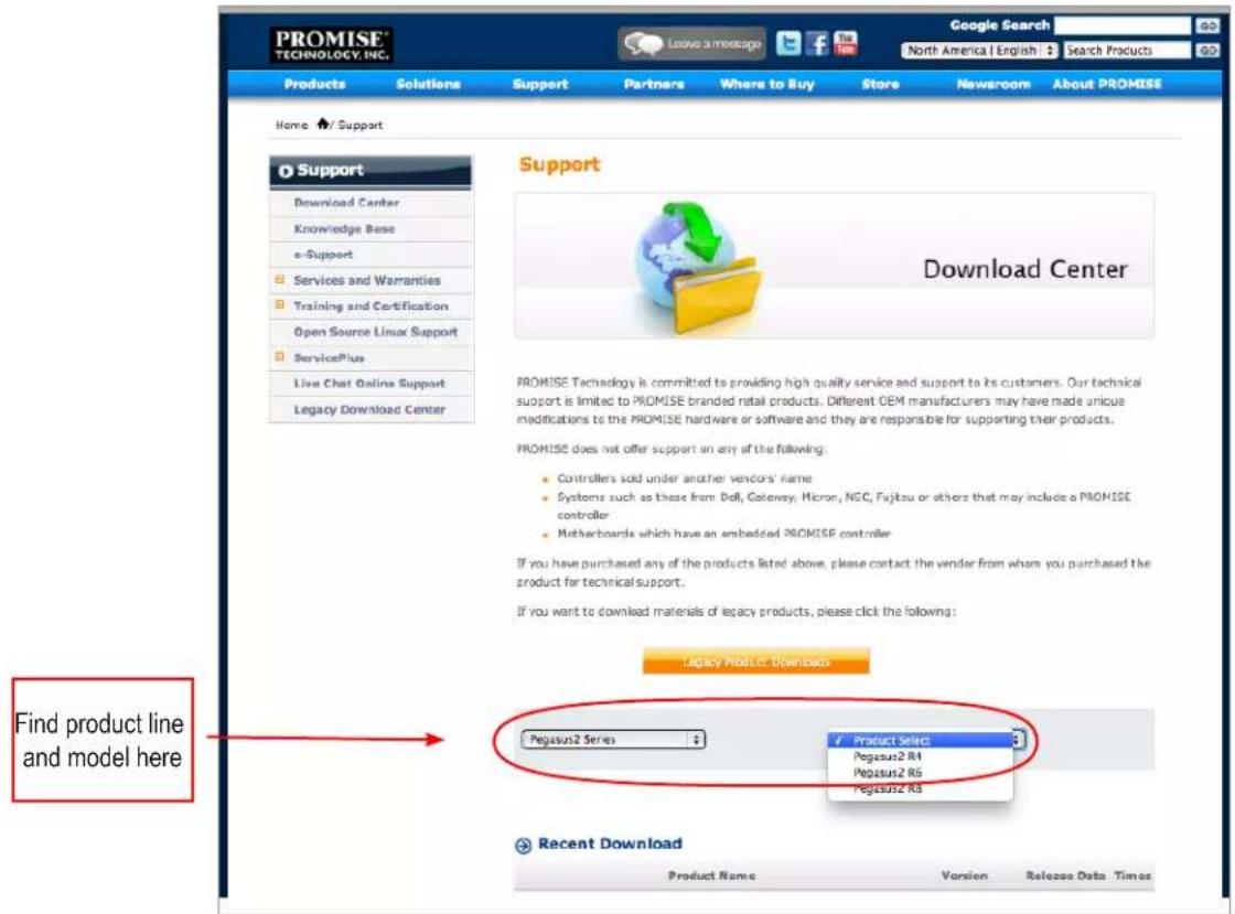 PROMISE TECHNOLOGY, INC. Google Search North America | English | Search Products Products Solutions Support Partners Where to Buy Store Newroom About PROMISE Home ↑/ Support Support Download Center Knowledge Base e-Support Services and Warranties Training and Certification Open Source Linux Support ServicePlus Live Chat Online Support Legacy Download Center Support Download Center PROMISE Technology is committed to providing high quality service and support to its customers. Our technical support is limited to PROMISE branded retail products. Different OEM manufacturers may have made unique modifications to the PROMISE hardware or software and they are responsible for supporting their products. PROMISE does not offer support on any of the following: • Controllers sold under another vendors' name • Systems such as these from Dell, Gateway, Micron, NEC, Fujitsu or others that may include a PROMISE controller • Matherboards which have an embedded PROMISE controller If you have purchased any of the products listed above, please contact the vendor from whom you purchased the product for technical support. If you want to download materials of legacy products, please click the following: Legacy Product Downloads Find product line and model here Pegasus2 Series Product Select Pegasus2 R4 Pegasus2 RS Pegasus2 RS Recent Download Product Name Version Release Data Times