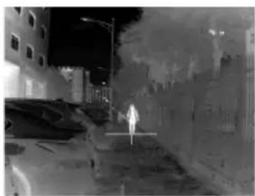 Nighttime street scene with a person walking on a paved path, buildings and streetlights in the background (no visible text or symbols)