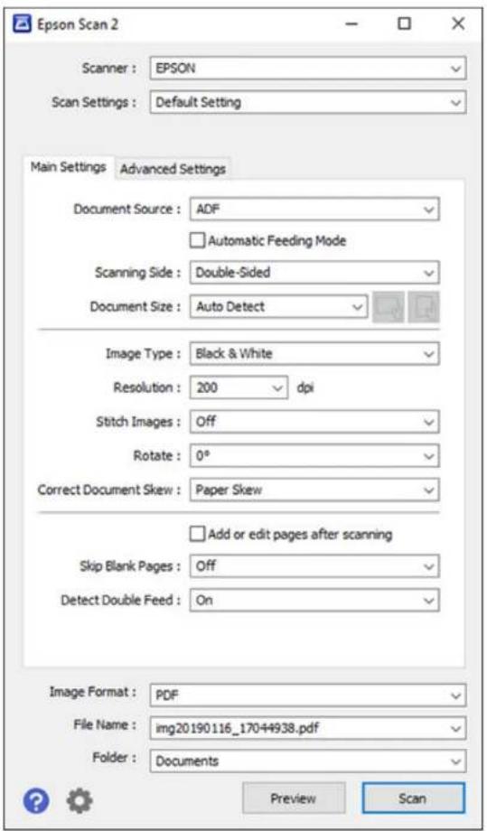 Epson Scan 2 Scanner: EPSON Scan Settings: Default Setting Main Settings Advanced Settings Document Source: ADF Automatic Feeding Mode Scanning Side: Double-Sided Document Size: Auto Detect Image Type: Black & White Resolution: 200 dpi Stitch Images: Off Rotate: 0° Correct Document Skew: Paper Skew…