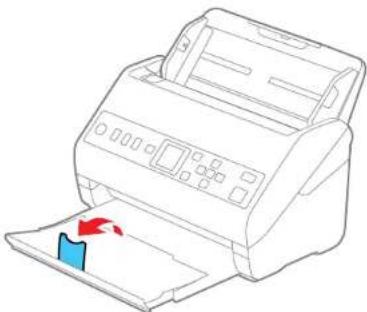 Line drawing of a printer with a blue paper clip inserted, showing paper feed and paper tray (no text or symbols).