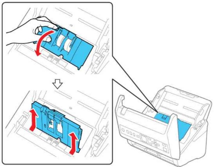 Diagram illustrating the process of printer internal components, showing step-by-step assembly with red arrows indicating rotation.