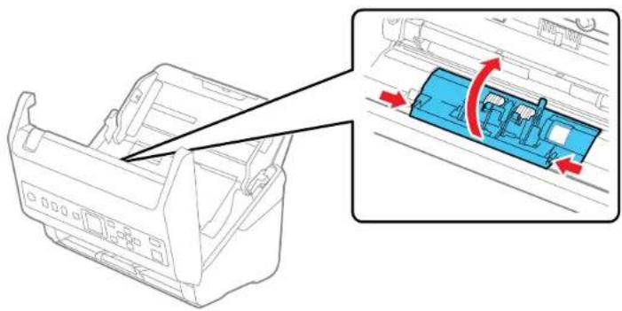 Technical diagram showing a blue plastic component being inserted into a plastic housing, with red arrows indicating motion direction (no text or symbols present)