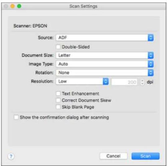 Scan Settings Scanner: EPSON Source: ADF Double-Sided Document Size: Letter Image Type: Auto Rotation: None Resolution: Low 200 dpi Text Enhancement Correct Document Skew Skip Blank Page Show the confirmation dialog after scanning Cancel Scan