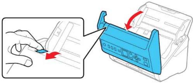 Illustration of a hand pressing down on a printer while a blue printer cover is being inserted. No text or symbols present.